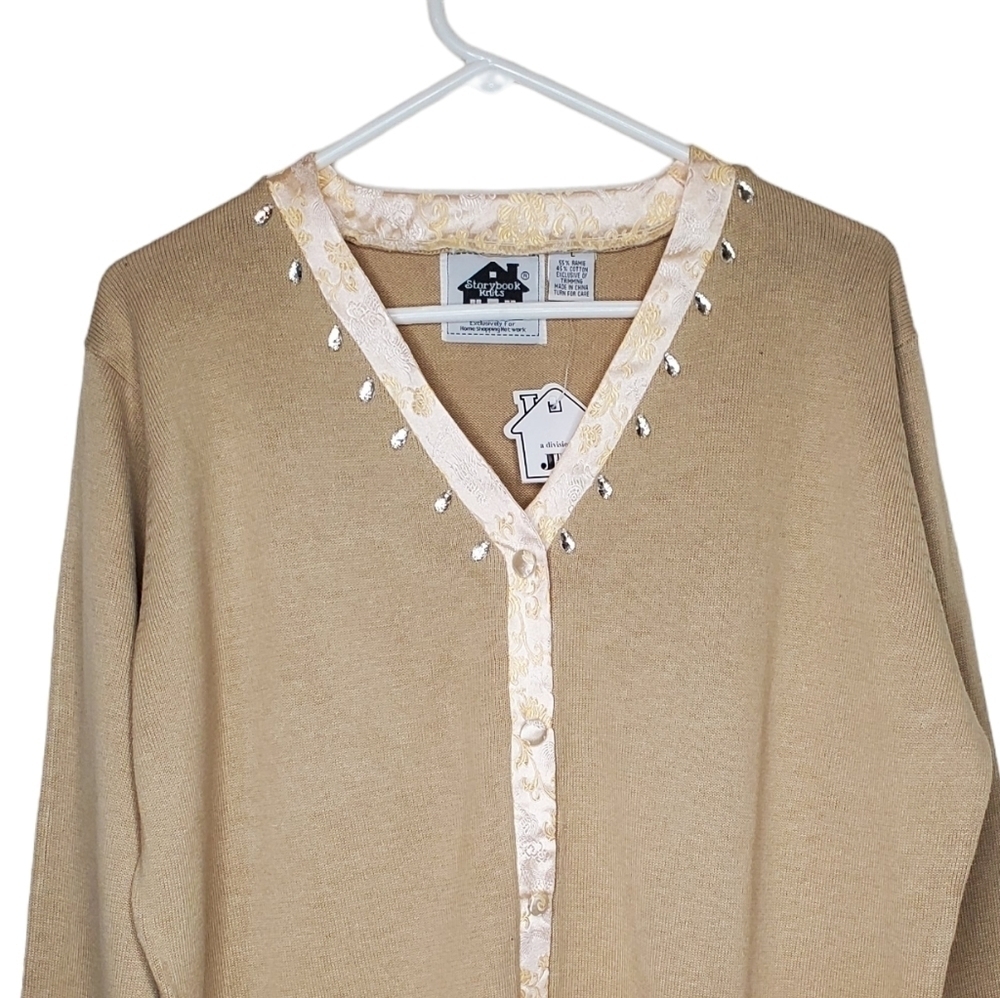 Storybook Knits Stunning Silver Cardigan Sweater, Silver and Gold Leaves Sz LG - Picture 4 of 13